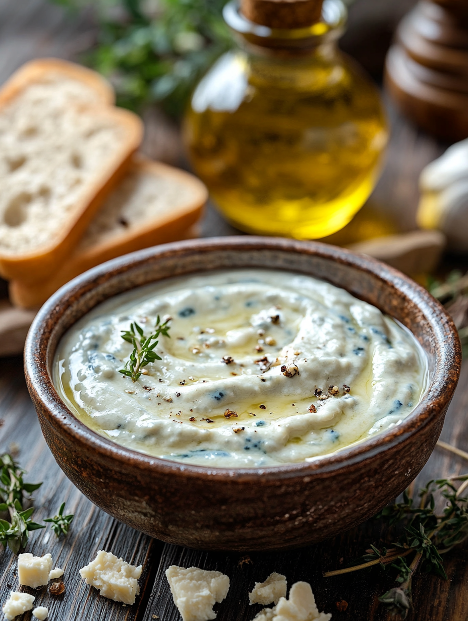Salsa de queso azul cremosa servida en un tazón junto a vegetales frescos